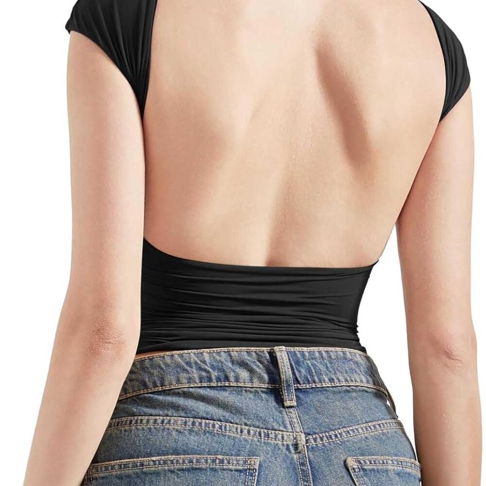 Backless Y2K Crop Top - Sexy Double Lined Tee for Women, Jet Black, S Size - Picture 1 of 7